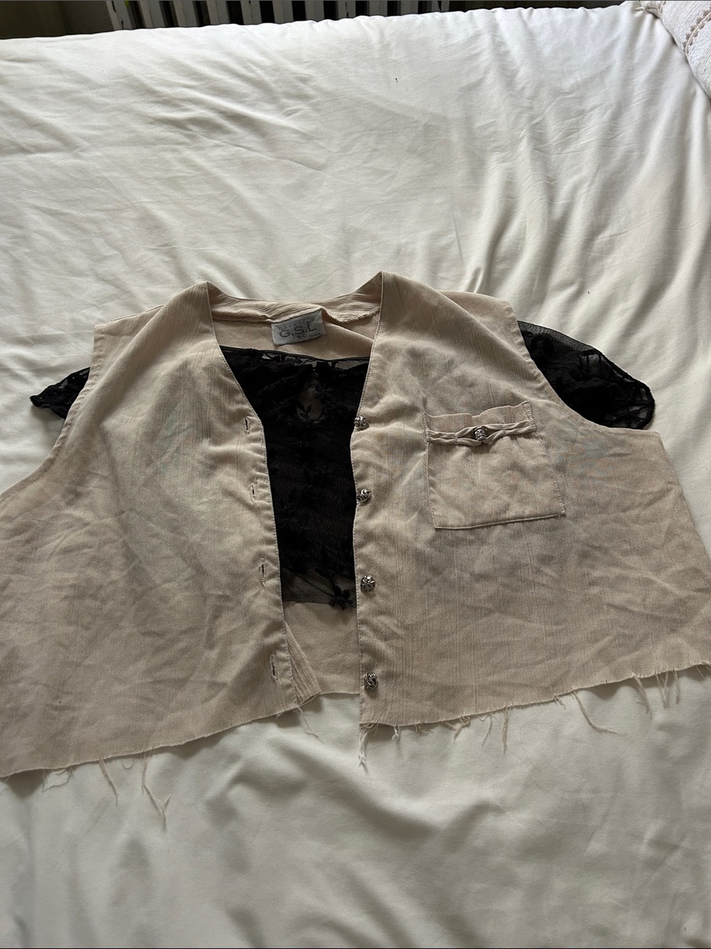 Bundle Beige Cropped Button Front Vest with Pocket with black flowers lace top